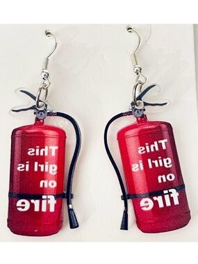 NWT Fashion Gorgeous Fun Fire Extinguisher “This Girl is on fire” Drop Earrings